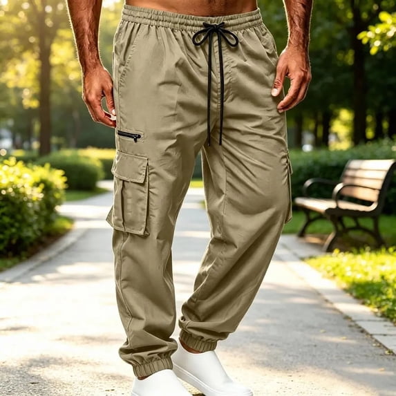 Cargo Sweatpants for Men with Cuffed Hem Drawstring Solid Color Pants Elastic Waist Comfortable Jogger Outdoor Pants