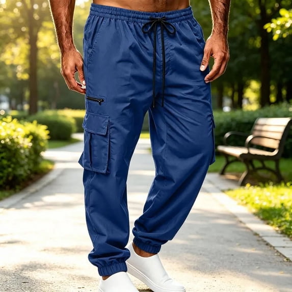 Cargo Sweatpants for Men with Cuffed Hem Drawstring Solid Color Pants Elastic Waist Comfortable Jogger Outdoor Pants