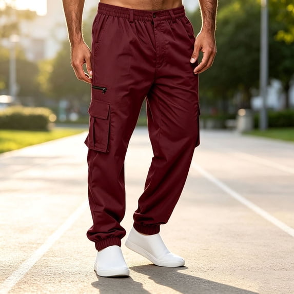 Cargo Sweatpants for Men with Cuffed Hem Elastic Waist with Button Trousers Loose Fit Casual Jogger Outdoor Pants