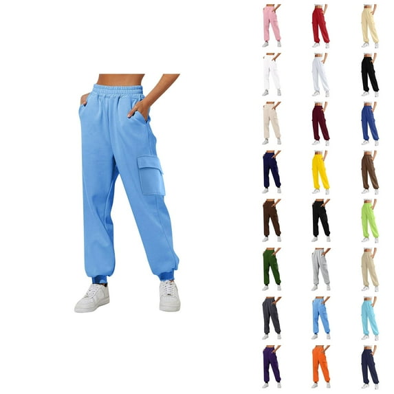 Cargo Sweatpants for Women 2025 Fall Winter Elastic Waist Straight Leg Cargo Joggers with Pockets Casual Trousers