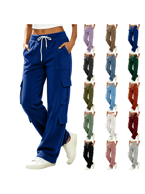 Cargo Sweatpants for Women Baggy Elastic Waisted Jogging Pants Straight Leg High Waisted Stretch Sweatpants Cotton Blend with Pockets