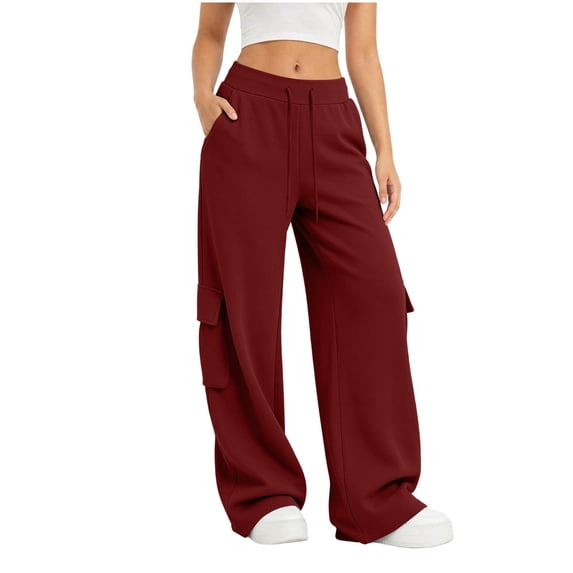 Cargo Sweatpants for Women Elastic Waist Sport Pants Wide Leg Trousers Casual Drawstring Long Pants with Pockets