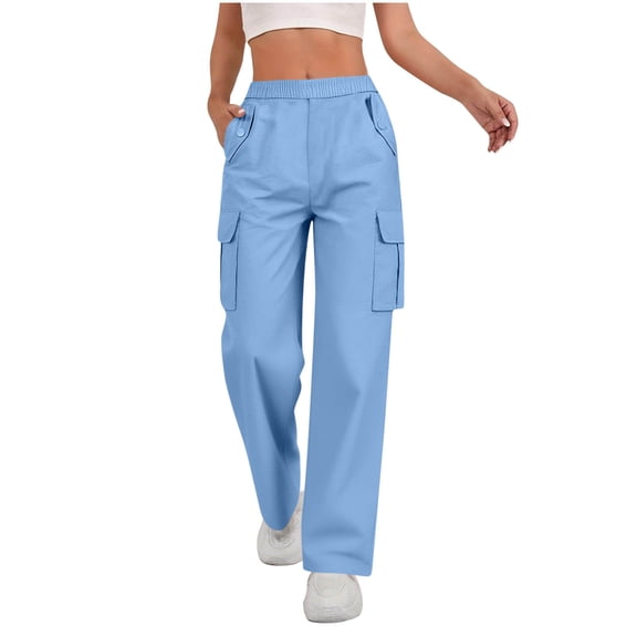 Cargo Sweatpants for Women Elastic Waist Straight Wide Leg Pants Jogger Fitness Sport Long Trousers with Pockets