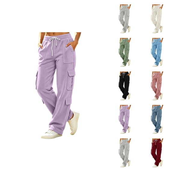 Cargo Sweatpants for Women Fall Winter Elastic Waist Drawstring Straight Leg Casual Pants with Pockets