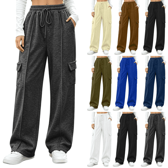 Cargo Sweatpants for Women Waisted Drawstring Waist Wide Leg Joggers Fall Fashion Casual Loose Pants with Pockets