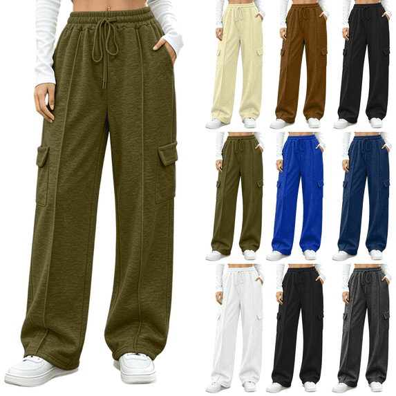 Cargo Sweatpants for Women Waisted Drawstring Waist Wide Leg Joggers Fall Fashion Casual Loose Pants with Pockets