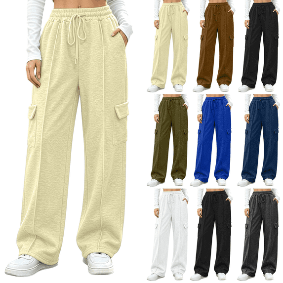 Cargo Sweatpants for Women Waisted Drawstring Waist Wide Leg Joggers Fall Fashion Casual Loose Pants with Pockets