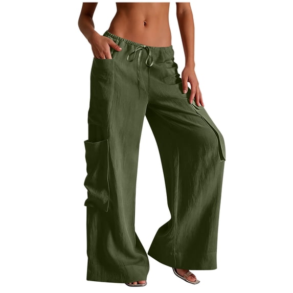 Cargo Sweatpants for Women with Multi Pockets Drawstring Wide Leg Casual Trendy Summer Linen Trouser Pants (L, Army Green)