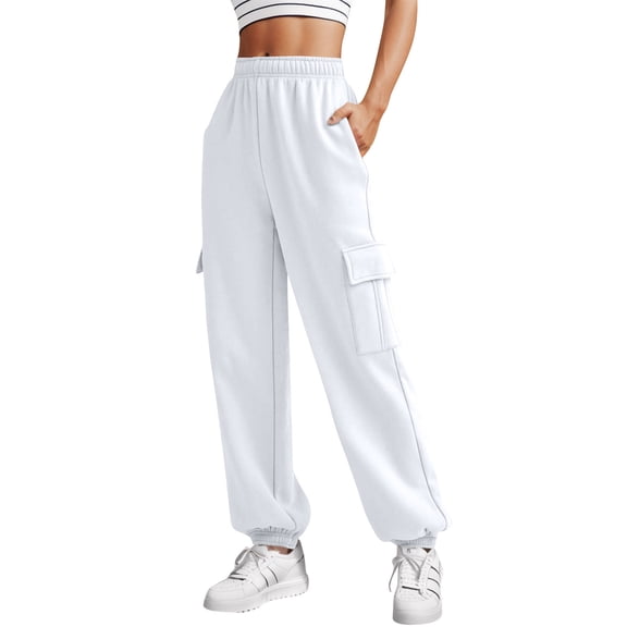 Cargo Sweatpants with Pockets Elastic Waist Joggers Fall Winter Cotton Leggings for Women Cinch Bottom Pants 2024 White M