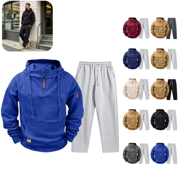Cargo Sweatsuit 2 Piece Set for Men Quarter Zip Hoodie and Sweatpants Set Joggers Outfit 2026 fall winter Fashion Causal Athletic Tracksuits with Pockets Blue 2XL