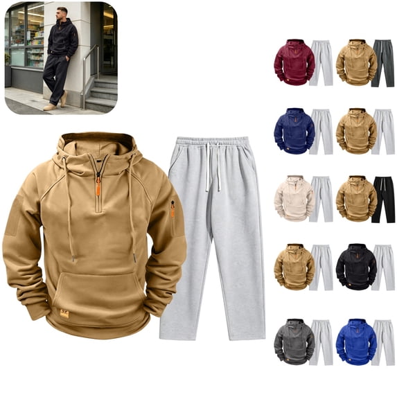 Cargo Sweatsuit 2 Piece Set for Men Quarter Zip Hoodie and Sweatpants Set Joggers Outfit 2026 fall winter Fashion Causal Athletic Tracksuits with Pockets Earthy Yellow S