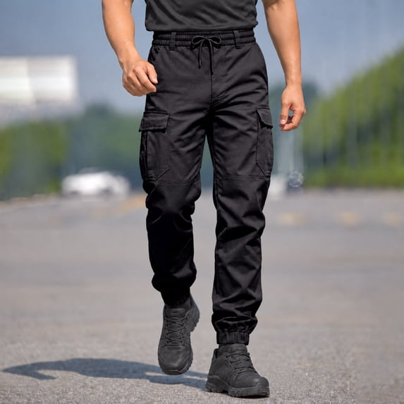 Cargo Tactical Jogger Pants for Men, Tapered Drawstring Elastic Waist Solid Color Outdoor Casual Trousers with Multi Pockets Black 2XL