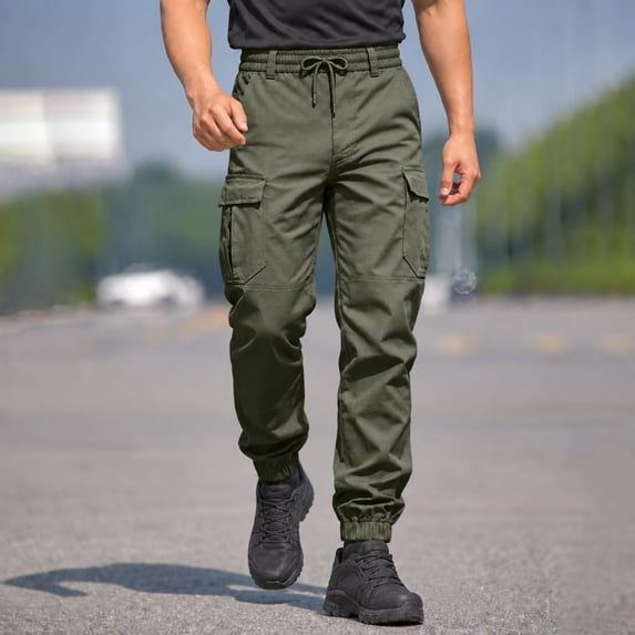 Cargo Tactical Jogger Pants for Men, Tapered Drawstring Elastic Waist Solid Color Outdoor Casual Trousers with Multi Pockets Green 4XL