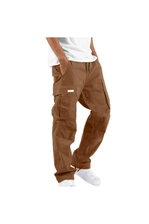 Cargo Trousers for Men Casual Pants with Multiple Pockets Solid Wide Leg Trouser Outdoor Straight Leg Pant Work Combat Pant Cargo Sweatpant Relaxed Stretch Bottoms Coffee L