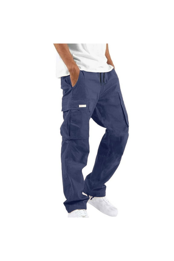 Cargo Trousers for Men Casual Pants with Multiple Pockets Solid Wide Leg Trouser Outdoor Straight Leg Pant Work Combat Pant Cargo Sweatpant Relaxed Stretch Bottoms Navy M