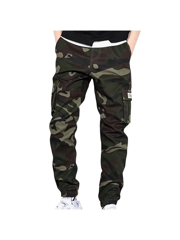 Cargo Trousers for Men Camo Work Trousers Stretch Fit Elasticated Waist Combat Cargo Trousers Casual Camouflage Pants Work Utility & Safety Trousers with Pockets