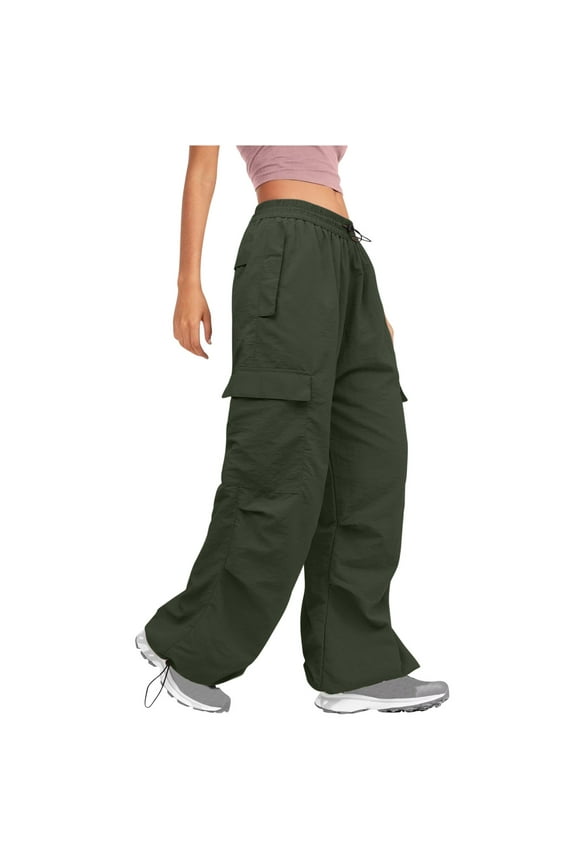 Cargo Wide Leg Pants Drawstring Elastic Low Waist Multi Pockets Fashion Y2K Streetwear Straight Fit Loose Sweatpants (Large, Army Green)
