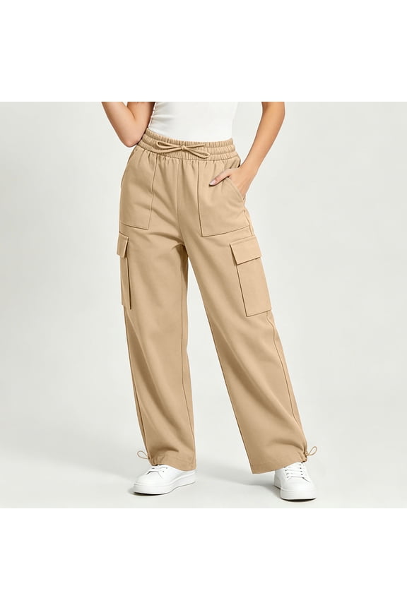 Cargo Wide Leg Pants Drawstring Waist Solid Multi Pockets Adjustable Ankle Streetwear Nylon Trousers Women's or Women's Plus Khaki Womens Baggy Wide Leg Pants 3XL