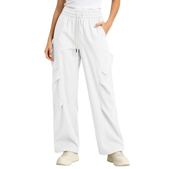Cargo Wide Leg Pants for Women Ghalytn Drawstring Elastic Waist - Loose Straight Casual Trousers with Side Pockets