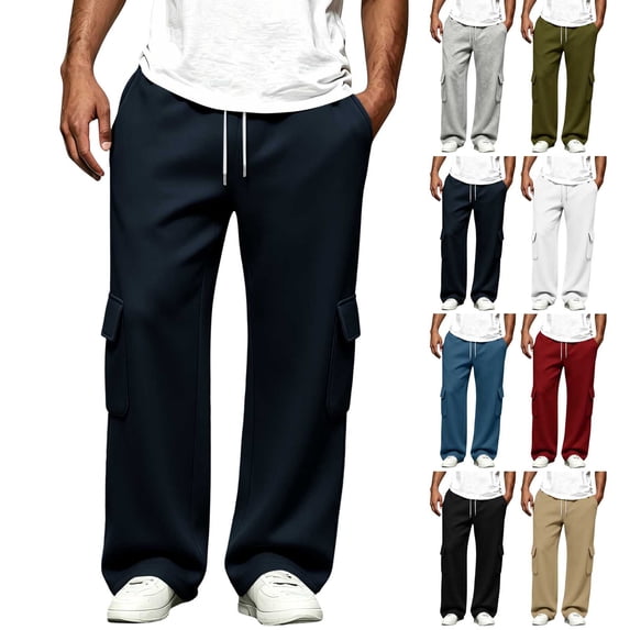 Cargo Wide Leg Sweatpants for Men Drawstring Elastic Waist Wide Leg Multi Pockets Straight Pants,Loose Drape Casual Trousers for Daily Loungewear and Walking