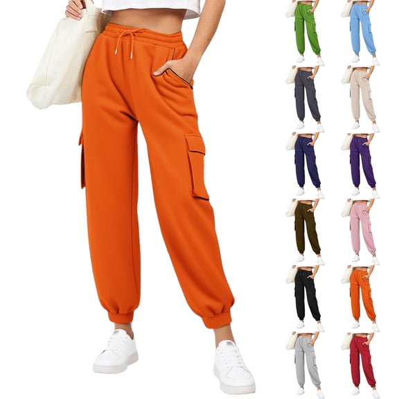 Cargo Women Pants Womans Pants Women's Sweatpants Women'S Elastic Lace-Up Casual Solid Color High-Waisted Zipper Pocket Tapered Sweatpants Orange S