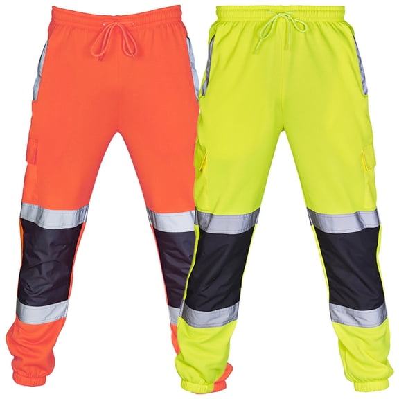 Cargo Work Pants for Men Hi Vis Reflective Safety Sweatpants Elastic Waist Drawstring Cuffed Joggers Track Pants Construction Warehouse Outdoor Fall Winter Yellow M