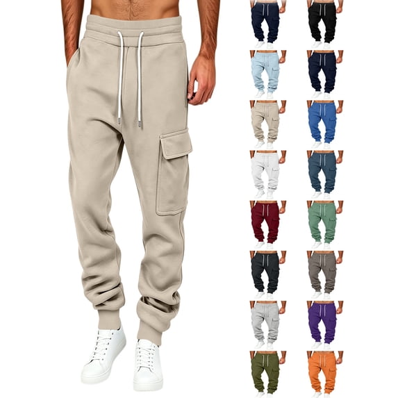 Cargo Work Pants for Men Solid Color Plus Size Drawstring Elastic Waist Pants with Multiple Pockets Breathable Long Trousers for Outdoor Daily Work