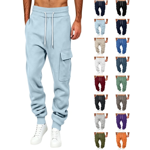 Cargo Work Pants for Men Solid Color Plus Size Drawstring Elastic Waist Pants with Multiple Pockets Breathable Long Trousers for Outdoor Daily Work