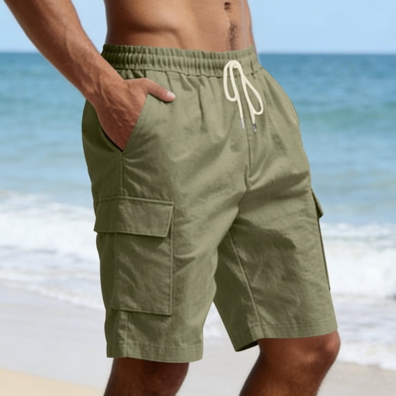 Cargo Work Shorts for Men Linen Elastic Waist Knee Length Cargo Shorts with Pockets Drawstring Comfort Big and Tall Outfit