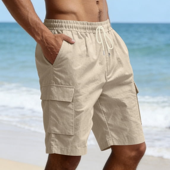 Cargo Work Shorts for Men Linen Elastic Waist Knee Length Cargo Shorts with Pockets Drawstring Comfort Big and Tall Outfit