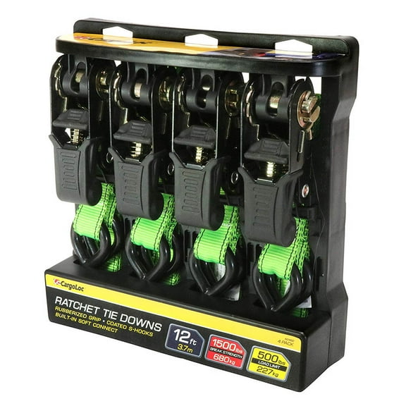 CargoLoc 1 In x 12 Ft 500 LB Capacity Premium Ratchet Tie Down Straps, 4 Pack