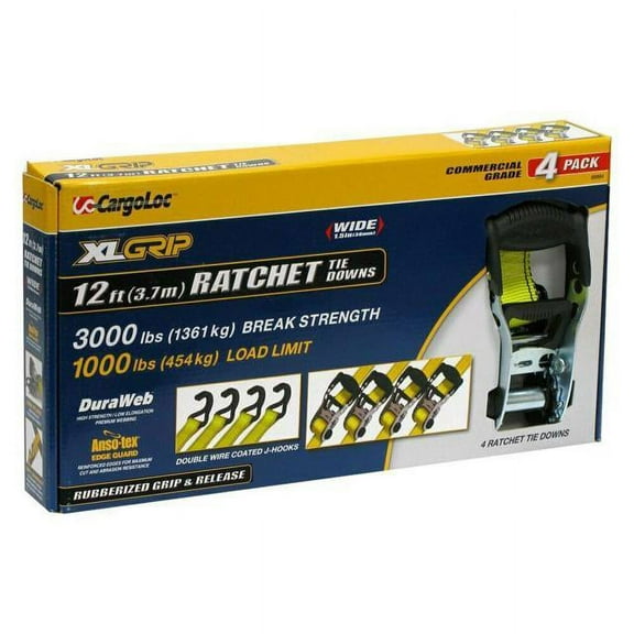 CargoLoc 12 Ft Ratcheting Tie Down Straps XL Grip 1000lbs Load Limit 89994 Pack of 4
