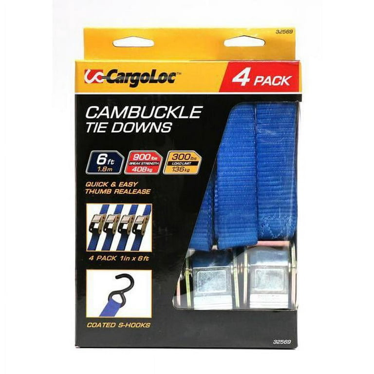 1 x 6 Cam Buckle Strap Tie-Downs with S-Hooks - 4-Pack