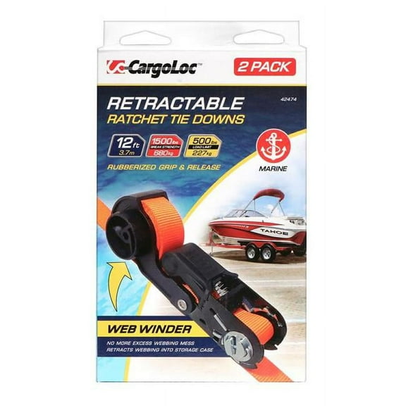 Cargoloc 42474 12 ft. 1500 lbs Retractable Tie Downs Ratchet Strap with S-Marine - 2 Piece