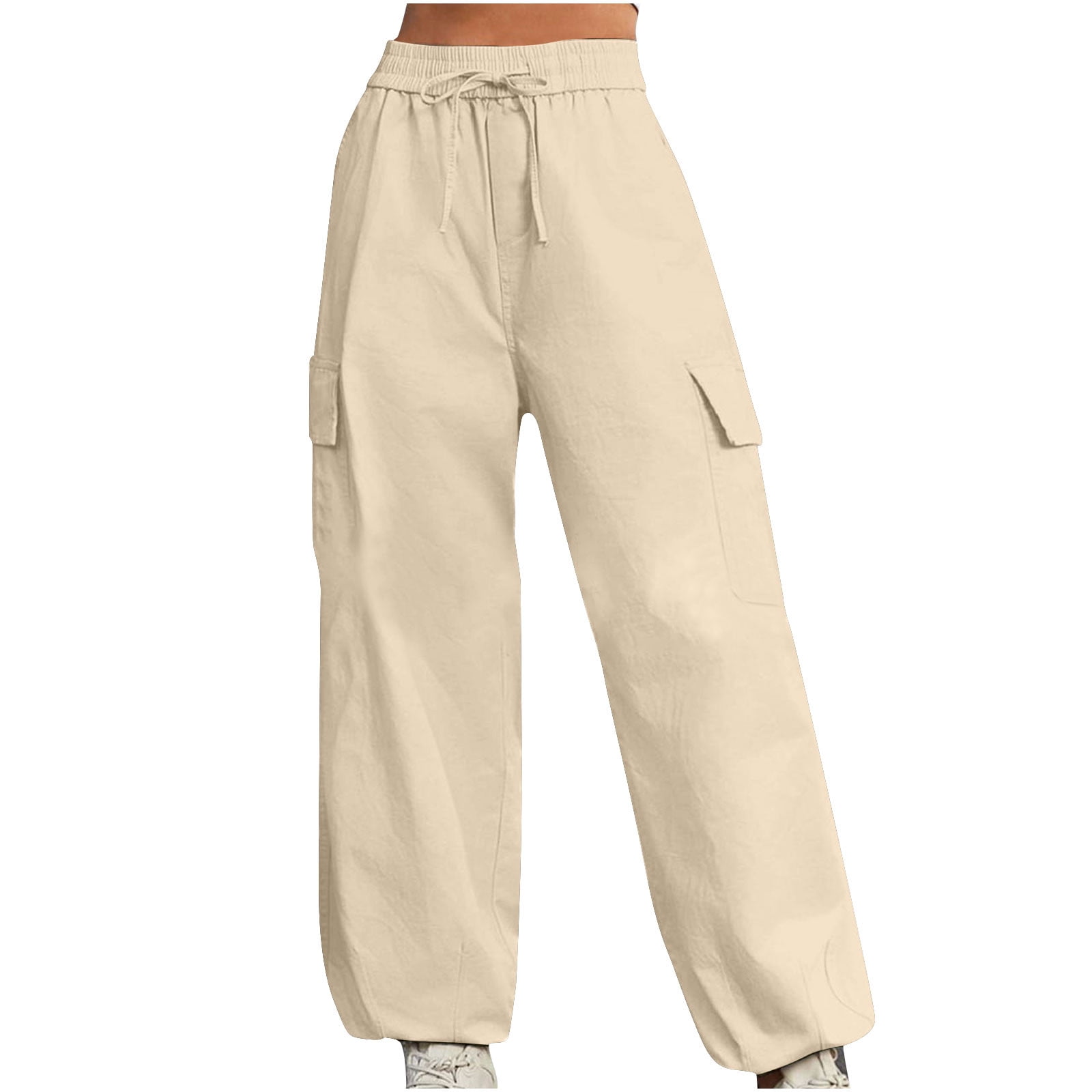Women's Straight Leg Cargo Pants - High Waisted, Loose Fit Cotton Joggers For Work & Casual