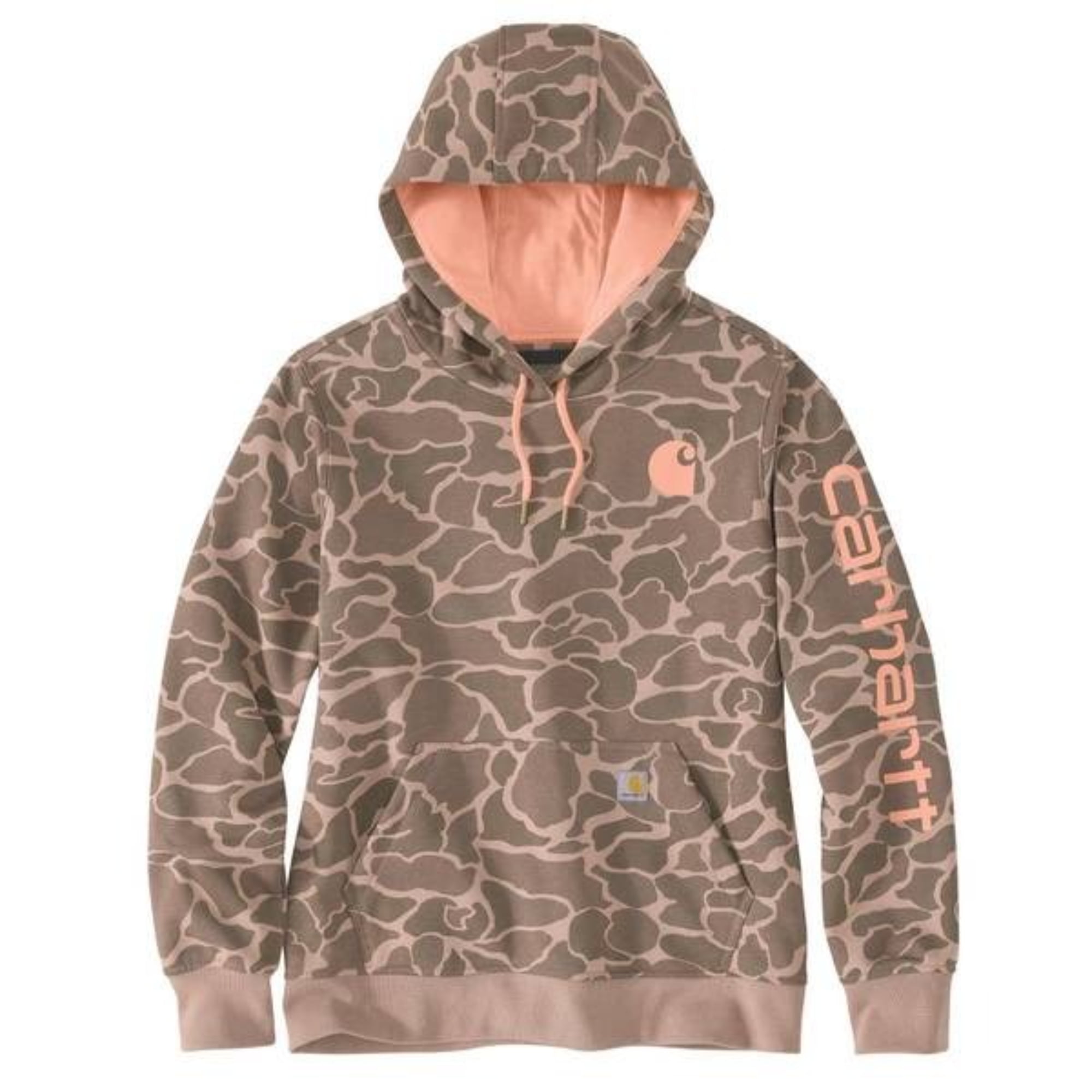 107267-Bd0 Relaxed-Fit Midweight Logo Sleeve Graphic Hooded Sweatshirt for Ladies, L, Soft Sepia Vintage Camo