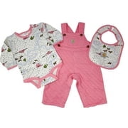Carhartt Baby Girls Long Sleeve Bodysuit, Overalls, and Bib 3pc Set, Pink Farm Print