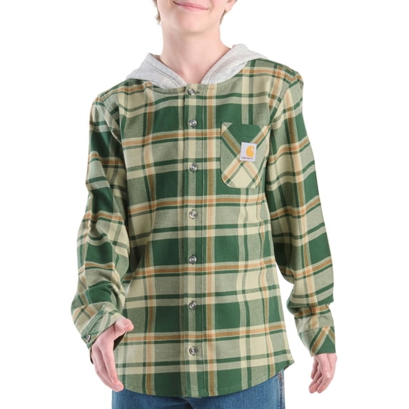 Carhartt Boys' Hooded Flannel Button-Front Long Sleeve Shirt (Mountain View Green Plaid, X-Large, XL, 18/20)