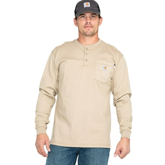 Carhartt Men's Fr Henley Long Sleeve Work Shirt Beige/Khaki X-Large