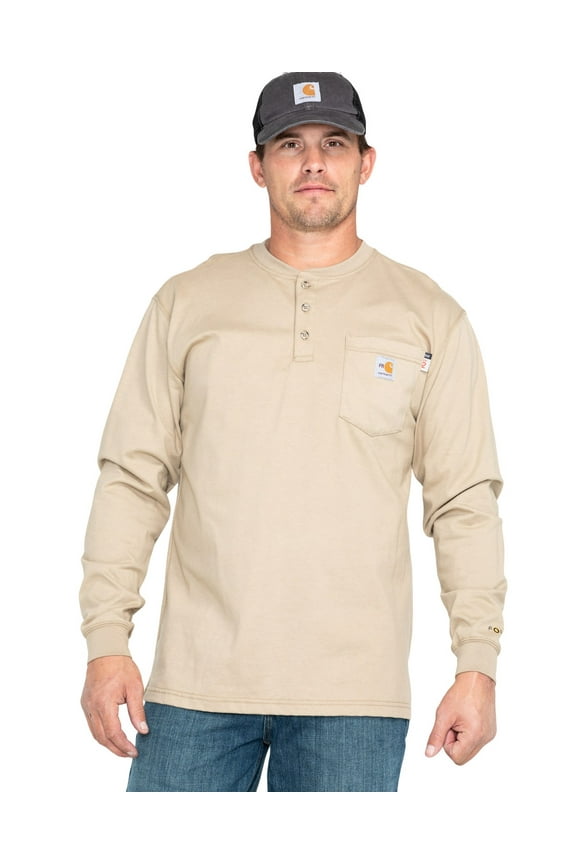 Men's Fr Henley Long Sleeve Work Shirt Beige/Khaki X-Large
