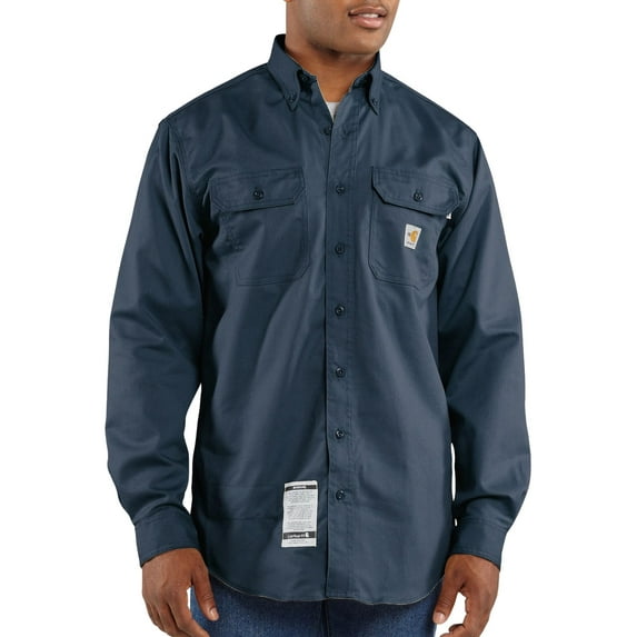 Carhartt Men's Fr Solid Long Sleeve Button-Down Work Shirt Navy Large