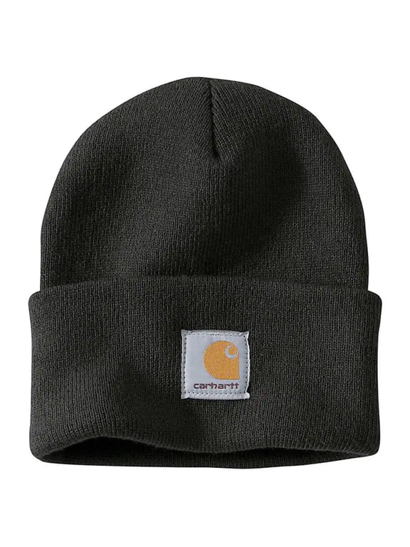 Men's Knit Cuffed Beanie Sewn Front Label Fold-up Cuff Warm Hat, Black, One Size