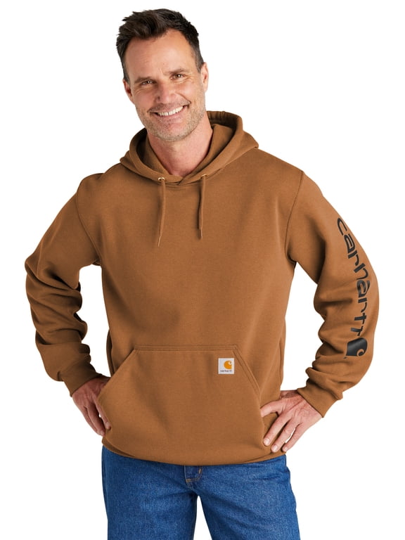 Men's Loose Fit Midweight Logo Sleeve Graphic Hooded Sweatshirt Big And Brown Medium US