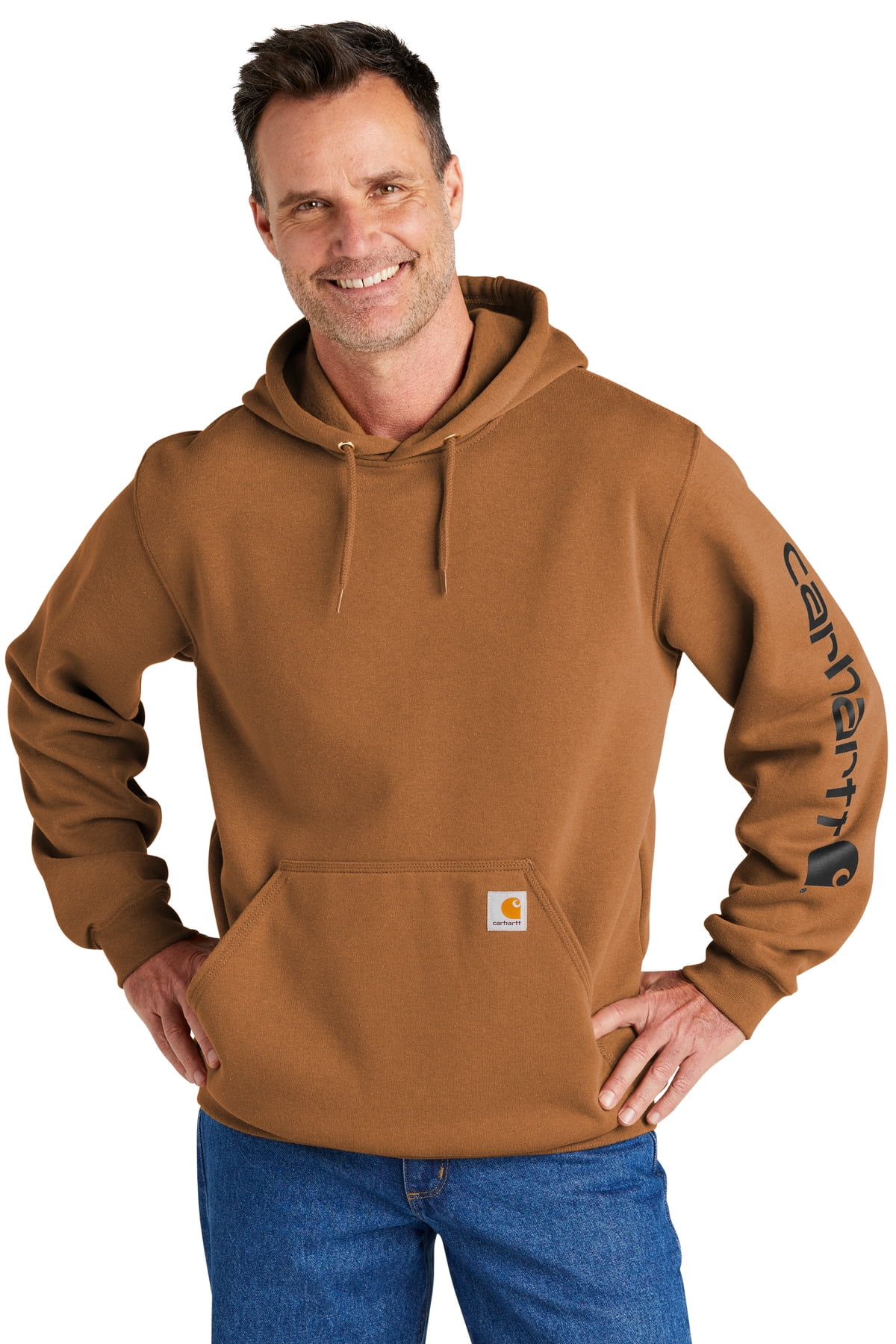 Men's Loose Fit Midweight Logo Sleeve Graphic Hooded Sweatshirt Big And Brown X-Large  US