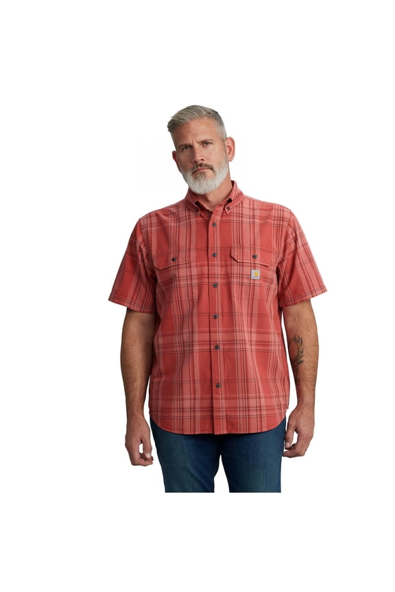 Men's Loose Fit Midweight Short-Sleeve Plaid Shirt, Crimson Moss, Medium