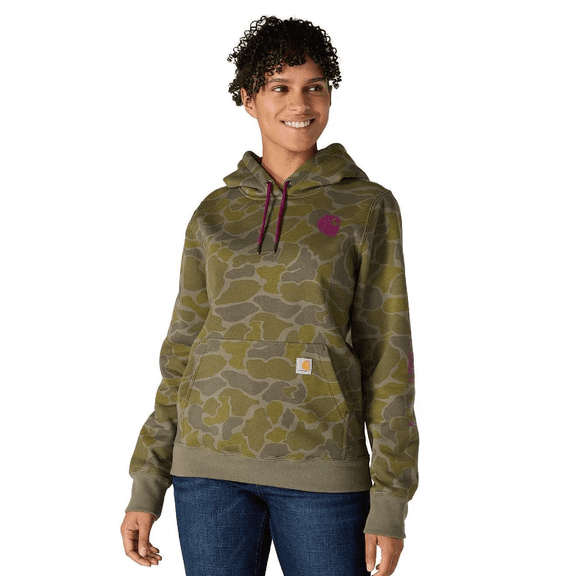 Carhartt Women's Relaxed Fit Midweight Logo Sleeve Graphic Printed Sweatshirt, Dusty Olive Vintage Camo, X-Small