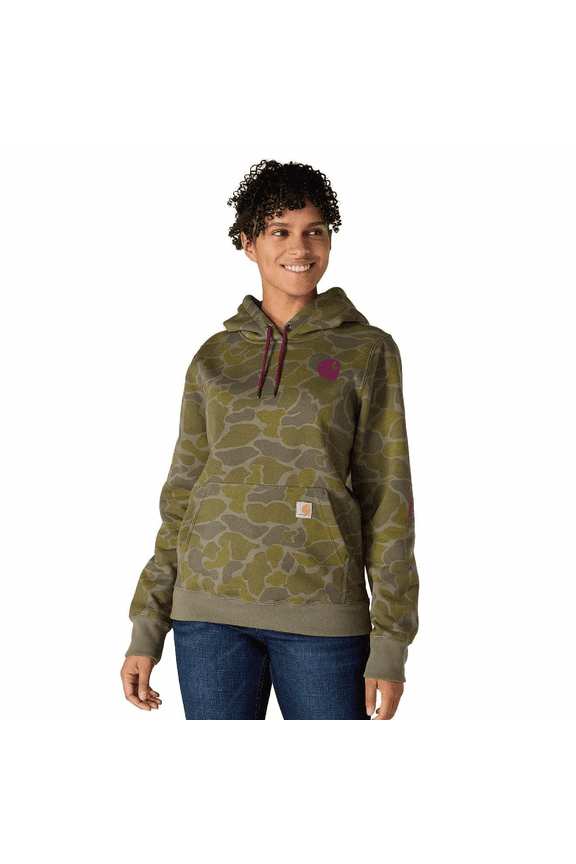 Relaxed-Fit Midweight Logo Sleeve Graphic Hooded Sweatshirt for Ladies - Dusty Olive Vintage Camo - XS