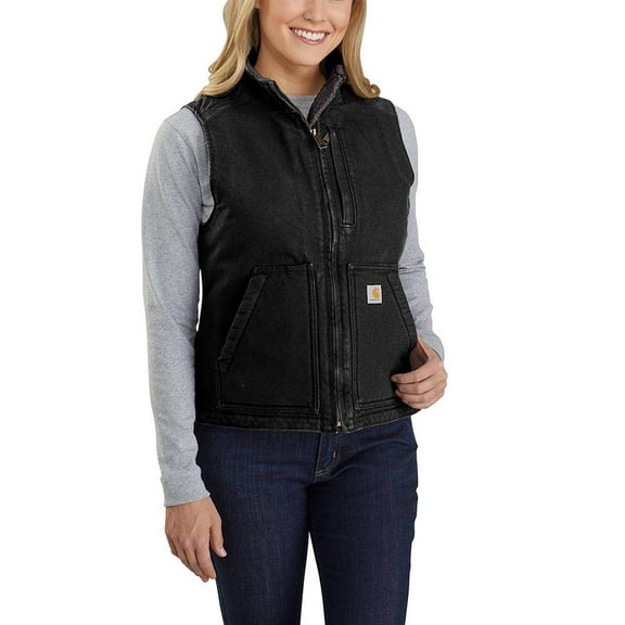 Carhartt Women's Relaxed Fit Washed Duck Sherpa-Lined Mock-Neck Vest, Black, X-Large CA2