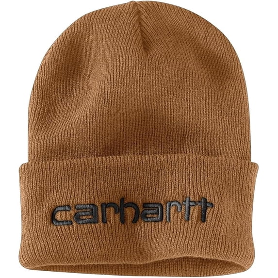Carhartt mens Knit Insulated Logo Graphic Cuffed Beanie Cold Weather Hat, Carhartt Brown, One Size US