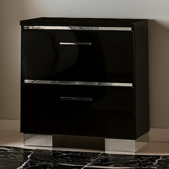 Cari Two Drawer Nightstand with USB Charger, Chrome, Black